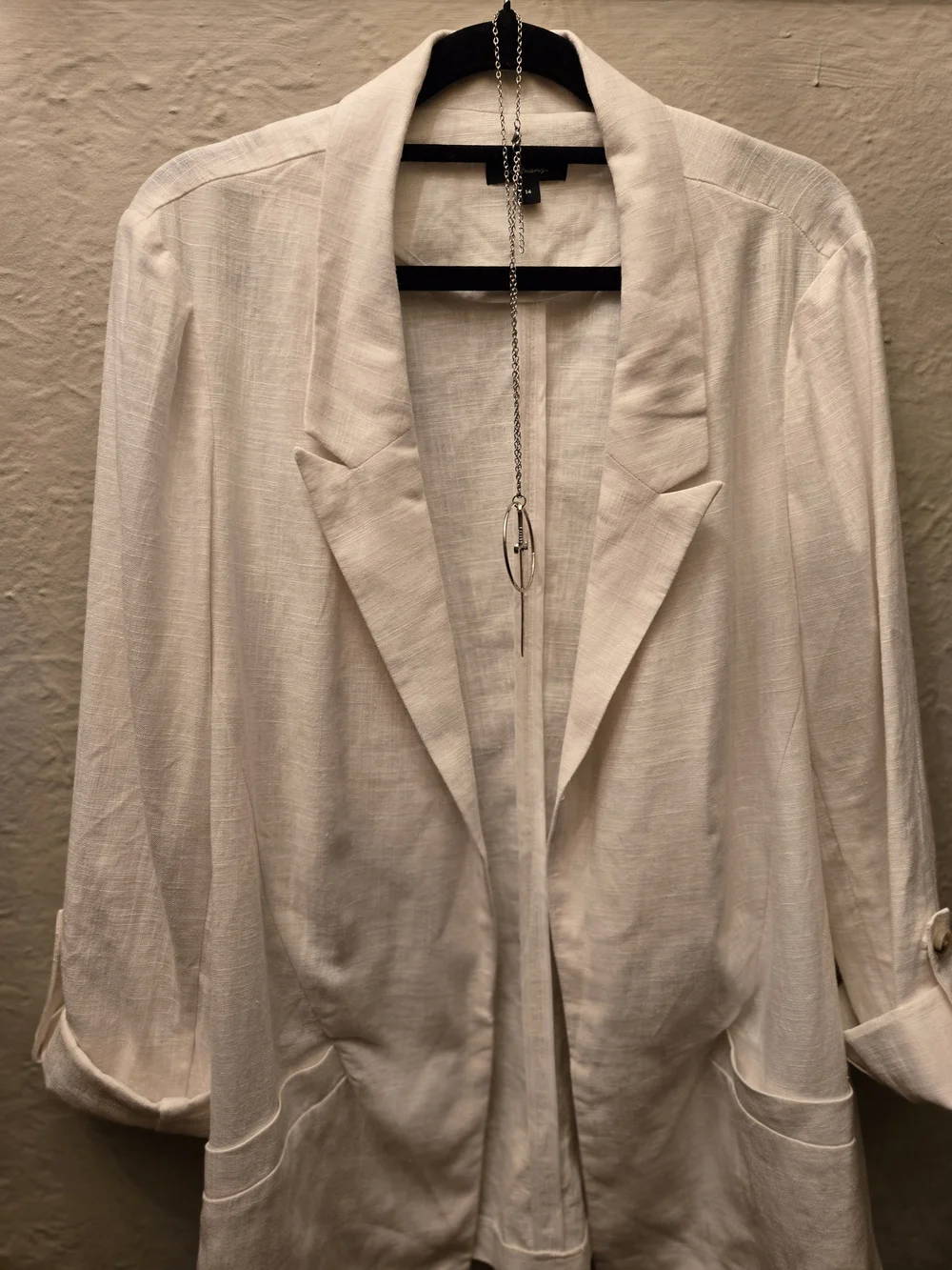 Linen Blend Blazer White Open Front Minimalist Chic Layering Jacket - Picture 2 of 10